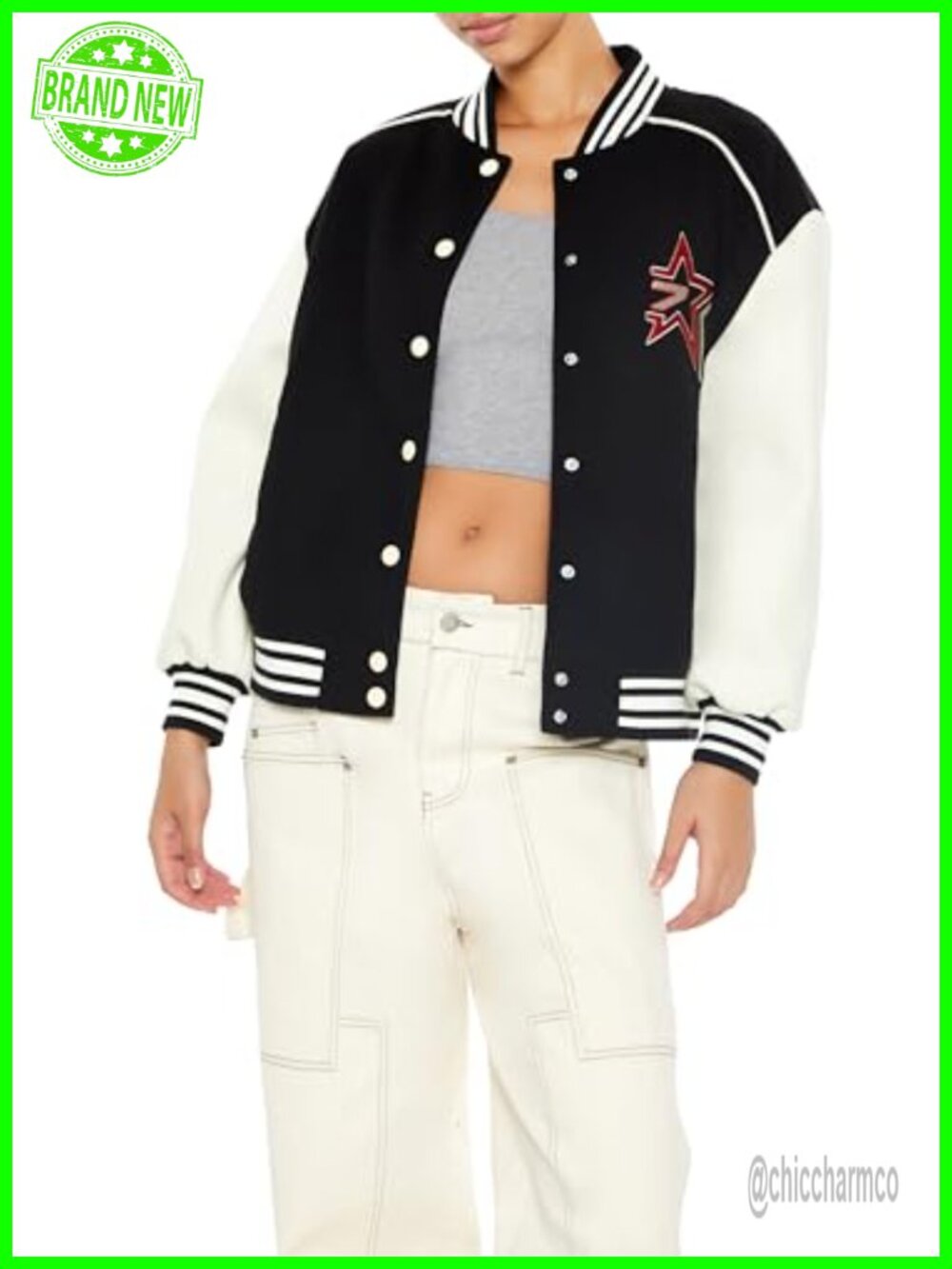 Women's Varsity Letterman Jacket Bomber Snap Front Polyester